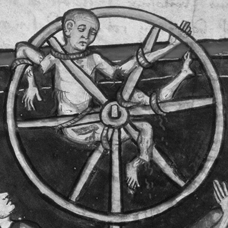 An illustration from a medieval codex depcting a poor soul broken on the wheel.