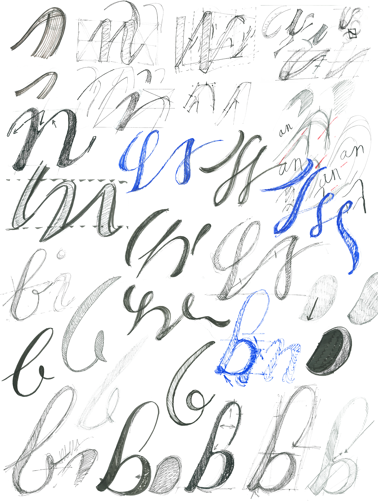 Sketches for a typeface based on the wrting hand of a whaling ship master sailing in the 19th C.
